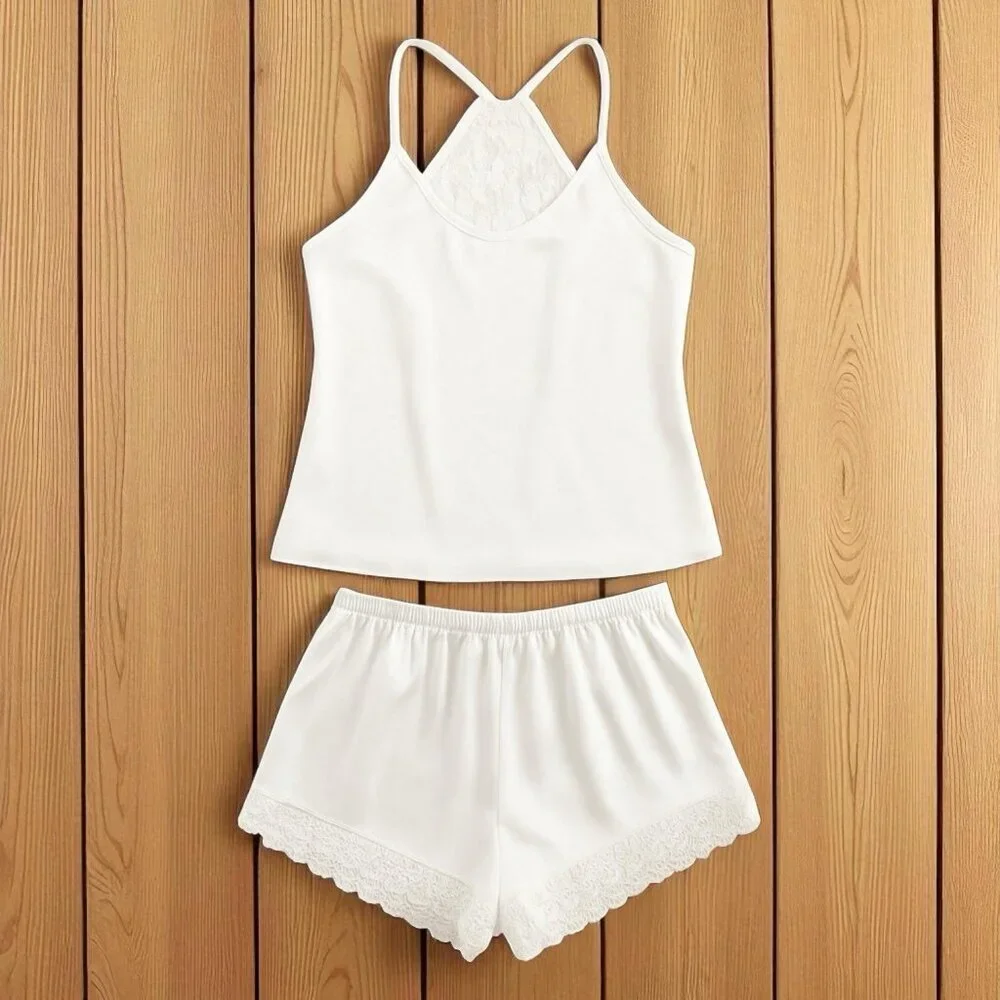 Ekouaer White Satin Pajama Set Cami and Shorts Large - Picture 2 of 5